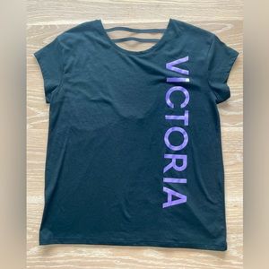 Victoria Sport Shirt Black Open Back Strappy Short Sleeve Top Women's